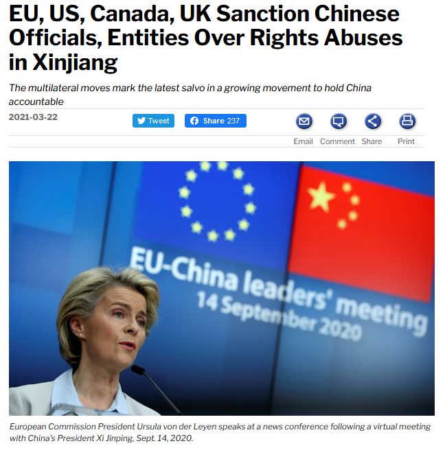 EU, US, Canada, UK Sanction Chinese Officials, Entities Over Rights Abuses in Xinjiang